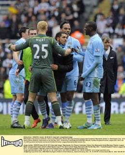 Manchester City players celebrate victory over Newcastle United- Barclays Premier League match between Newcastle United vs. Manchester City - at the Sports Direct Stadium, Newcastle on the 6th May 2012. xPicRichard LeexEDITORIAL USE ONLY. No use with unauthorised audio, video, data, fixture lists, club league logos or live services. Online in-match use limited to 120 images, no video emulation. No use in betting, games or single club league player publications.