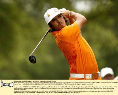 Ricky Fowler hits a tee shot on the way to winning the Wells Fargo Championship at Quail Hollow Club in Charlotte, North Carolina on May 6, 2012. Fowler earned his first PGA Golf Herren Tour win.  CHP2012050662