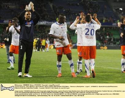 Laurent Pionnier Henri Bedimo Garry Bocaly Remy Cabella (Montpellier) FOOTBALL : Rennes vs Montpellier - Ligue 1 - 07 05 2012 - GwendolineLeGoff Panoramic 