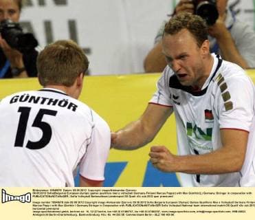 09.05.2012 Sofia(Bulgaria) European olympic games qualifiers men s volleyball Germany-Finland Marcus Popp(r) with Max Günthör(L) Germany :Stringer in cooperation with 