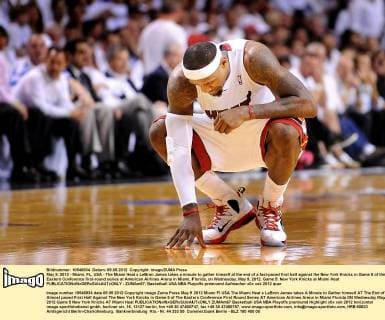 May 9, 2012 - Miami, FL, USA - The Miami Heat s LeBron James takes a minute to gather himself at the end of a fast-paced first half against the New York Knicks in Game 5 of the Eastern Conference first-round series at American Airlines Arena in Miami, Florida, on Wednesday, May 9, 2012. Game 5: New York Knicks at Miami Heat - ZUMAm67