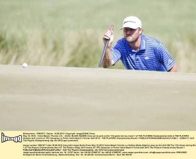 May 10, 2012 - Vedra Beach, Florida, U.S. - Golfer BLAKE ADAMS lines up his putt on the 11th green during round 1 of THE PLAYERS Championship held at THE PLAYERS Stadium golf course at TPC Sawgrass in Ponte Vedra Beach, Florida. Golf 2012 - THE PLAYERS Championship Round 1  - ZUMAr11
