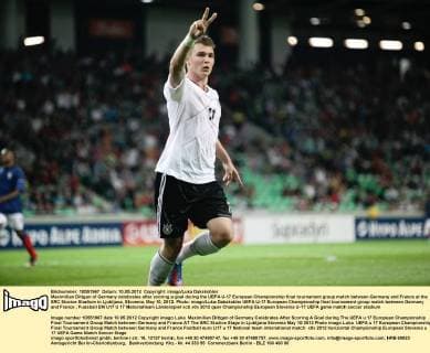 Maximilian Dittgen of Germany celebrates after scoring a goal during the UEFA U-17 European Championship final tournament group match between Germany and France at the SRC Stozice Stadium in Ljubljana, Slovenia, May 10, 2012. Photo: imago Luka Dakskobler UEFA U-17 European Championship final tournament group match between Germany and France