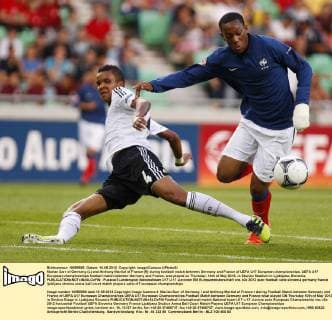 Marian Sarr of Germany (L) and Anthony Martial of France (R) during football match between Germany and France of UEFA U17 European championships. UEFA U17 European championships football match between Germany and France, was played on Thursday, 10th of May 2012, in Stozice Stadium in Ljubljana, Slovenia. 