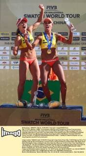 May 12, 2012; Beijing, CHINA; Third-seeded reigning world champions Larissa Franca Juliana Felisberta of Brazil beat 10th seeds Greta Cicolari Marta Menegatti of Italy in straight sets here Saturday afternoon to clinch their first gold medal of the season at the 2012 FIVB Beach Volleyball SWATCH World Tour Beijing Grand Slam. China Sports 2012: FIVB Beach Volleyball SWATCH World Tour MAY 12  - ZUMAc10