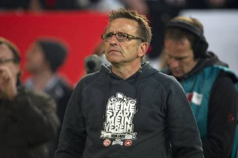 Meine Stadt - Mein Verein - Trainer Norbert MEIER (D) ist nachdenklich, nachdenken, Brustbild, Fussball 1. Bundesliga, Relegation, Fortuna Düsseldorf (D) - Hertha BSC Berlin (B) 2:2, am 15.05.2012 in Düsseldorf