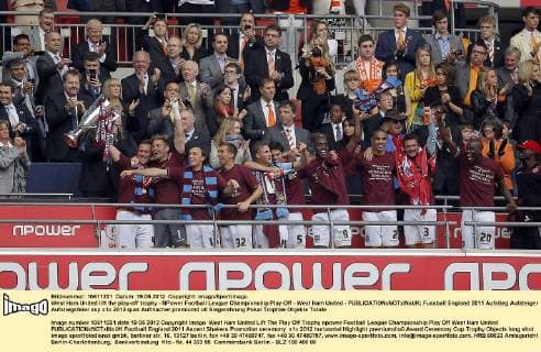West Ham United lift the play-off trophy - NPower Football League Championship Play-Off - West Ham United - EDITORIAL USE ONLY. No use with unauthorised audio, video, data, fixture lists, club league logos or live services. Online in-match use limited to 120 images, no video emulation. No use in betting, games or single club league player publications.