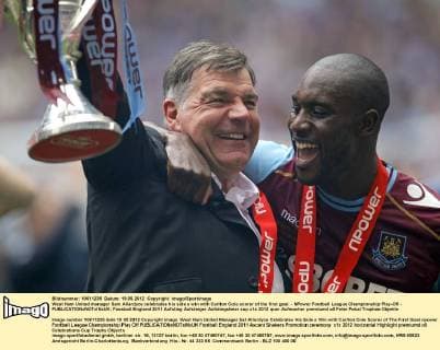 West Ham United manager Sam Allardyce celebrates his side s win with Carlton Cole scorer of the first goal. - NPower Football League Championship Play-Off - EDITORIAL USE ONLY. No use with unauthorised audio, video, data, fixture lists, club league logos or live services. Online in-match use limited to 120 images, no video emulation. No use in betting, games or single club league player publications.