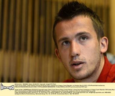 Czech soccer player Tomas Pekhart pictured during the press conference in Prague, Czech Republic, on Sunday, May 20, 2012. (CTKxPhoto KaterinaxSulova)  CTKPhoto994201205200287601