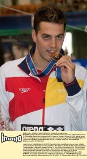 Rafael Munoz Perez of Spain reacts during the awarding ceremony for men s 50m butterfly at the 2012 European Swimming Championships in Debrecen, Hungary on May 22, 2012. Rafael Munoz Perez won the gold medal with 23.16 seconds. (Xinhua Attila Volgyi) HUNGARY-DEBRECEN-2012 EUROPEAN SWIMMING CHAMPIONSHIPS 