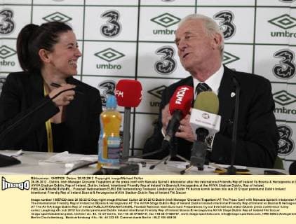 26.05.2012 - Dublin, Irish Manager Giovanni Trapattoni at the press conf with Manuela Spinelli interpreter after the international Friendly Rep of Ireland Vs Bosnia & Herzegovina at the AVIVA Stadium Dublin, Rep of Ireland. Dublin, Ireland, Intentional Friendly Rep of Ireland Vs Bosnia & Herzegovina at the AVIVA Stadium Dublin, Rep of Ireland. 