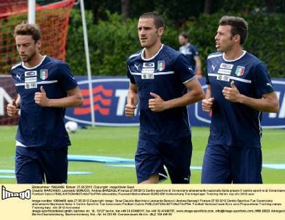 Claudio MARCHISIO, Leonardo BONUCCI, Andrea BARZAGLI Firenze 27 05 2012 Centro sportivo di Coverciano allenamento nazionale italia presso il centro sportivo di Coverciano Football Calcio allexsabba