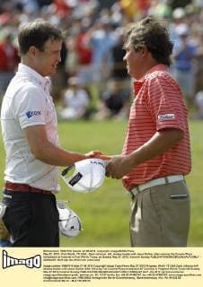 May 27, 2012 - Fort Worth, TX, USA - Zach Johnson, left, shakes hands with Jason Dufner after winning the Crowne Plaza Invitational at Colonial in Fort Worth, Texas, on Sunday May 27, 2012. Colonial Sunday - ZUMAm67