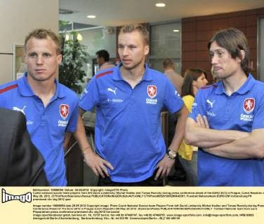 Czech national soccer team players from left David Limbersky, Michal Kadlec and Tomas Rosicky during press conference ahead of the EURO 2012 in Prague, Czech Republic on May 29, 2012. (CTKxPhoto StanislavxPeska)  CTKPhoto805201205290642201