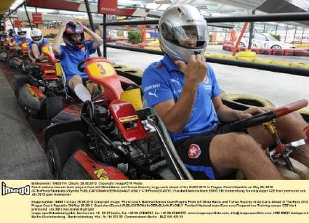 Czech national soccer team players from left Milan Baros and Tomas Rosicky in go-carts ahead of the EURO 2012 in Prague, Czech Republic on May 29, 2012. (CTKxPhoto StanislavxZbynek)  CTKPhoto20243767
