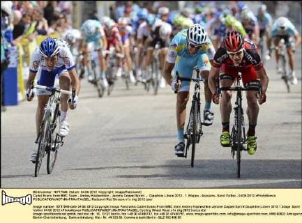 Cadel Evans from BMC Team - Andrey Kashechkin - Jerome Coppel Sprint -- Dauphine Libere 2012 - 1. Etappe - Seyssins- Saint Vallier - 04 06 2012 xPhotoNewsx 