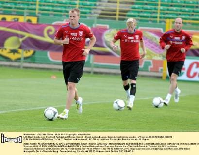 L-R: David Limbersky, Frantisek Rajtoral and Roman Hubnik - Czech national soccer team during training session in Wroclaw. 06.06.12 KUBA_060612 