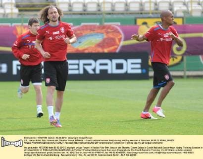 L-R: Vaclav Pilar, Petr Jiracek and Theodor Gebre Selassie - Czech national soccer team during training session in Wroclaw. 06.06.12 KUBA_060612 