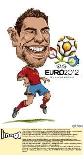 This cartoon illustration for the UEFA European Football Championship 2012 shows Spanish footballer Xavi . Cartoons for UEFA European Football Championship 2012  pau659727_03