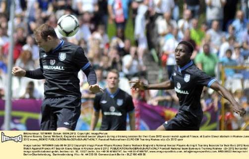 Wayne Rooney, Danny Welbeck, England s national soccer players during a training session for their Euro 2012 soccer match against France, at Suche Stawy stadium in Krakow June 8, 2012 mawo_080612 