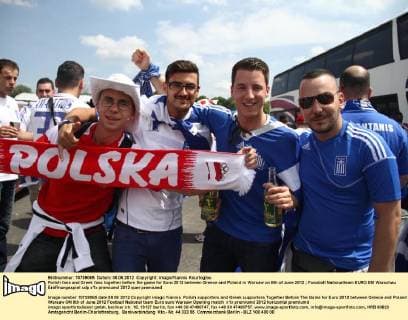 Polish fans and Greek fans together before the game for Euro 2012 between Greece and Poland in Warsaw on 8th of June 2012