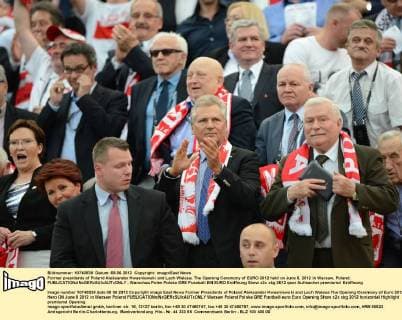 Former presidents of Poland Aleksander Kwasniewski and Lech Walesa. The Opening Ceremony of EURO 2012 held on June 8, 2012 in Warsaw, Poland. 