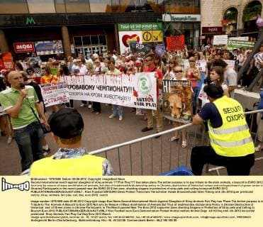 Second international march against slaughter of stray animals ???Fair Play??? has taken place.The action purpose is to pay tribute to the slain animals, a boycott to EURO 2012 (not only by reason of mass annihilation of animals, but also of inadmissible dictatorship policy in Ukraine, destruction of historical values and extinguishment of green zones in Ukraine).Participants in the march passed near the EURO 2012 fan zone, chanting slogans in protection of stray pets and calling to boycott EURO 2012. 