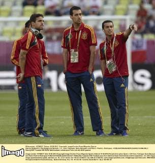 Danzig 10-06-2012. Platzbegehung Spanien, v.li.: Cesc Fabregas, Serio Busquets und Pedro - Pedrito - Rodriguez - 
