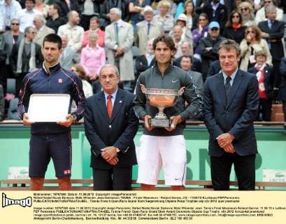 Rafael Nadal Novak Djokovic Mats Wilander Jean Gachassin TENNIS : Finale Messieurs - Roland Garros J15 - 11 06 12 N.LeGouic FEP Panoramic 