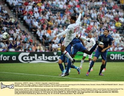 Football - UEFA Euro 2012 - France vs. England England s Joleon Lescott scores their opening goal at the Donbass Arena, Donetsk, Ukraine 