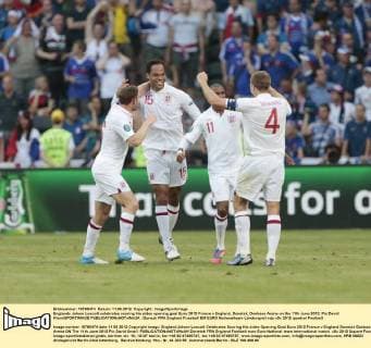 Englands Joleon Lescott celebrates scoring his sides opening goal Euro 2012 France v England, Donetsk, Donbass Arena on the 11th June 2012. Pic David Klein SPORTIMAGE EDITORIAL USE ONLY. No use with unauthorised audio, video, data, fixture lists, club league logos or live services. Online in-match use limited to 120 images, no video emulation. No use in betting, games or single club league player publications.