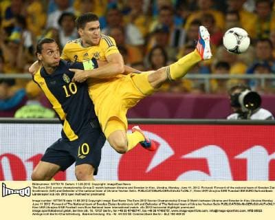 The Euro 2012 soccer championship Group D match between Ukraine and Sweden in Kiev, Ukraine, Monday, June 11, 2012. Pictured: Forward of the national team of Sweden Zlatan Ibrahimovic (left) and Defender of the national team of Ukraine Yevhen Selin. 