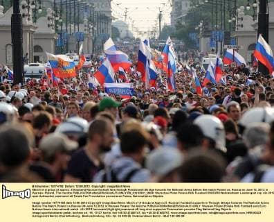 March of a group of approx. 5 thousend Russian football fans through Poniatowski Bridge towards the National Arena before the match Poland vs. Russia on June 12, 2012 in Warsaw, Poland. The marche  EN_01032931_0009