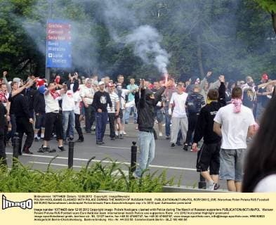 POLISH HOOLIGANS CLASHED WITH POLICE DURING THE MARCH OF RUSSIAN FANS  RCR120612_035