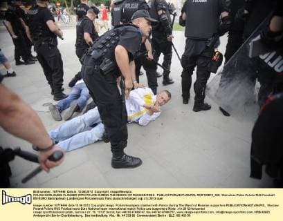 POLISH HOOLIGANS CLASHED WITH POLICE DURING THE MARCH OF RUSSIAN FANS  RCR120612_026