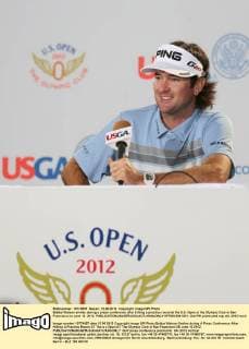 Bubba Watson smiles during a press conference after hitting a practice round at the U.S. Open at the Olympic Club in San Francisco on June 12, 2012.  SFP2012061201