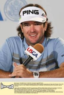 Bubba Watson smiles during a press conference after hitting a practice round at the U.S. Open at the Olympic Club in San Francisco on June 12, 2012.  SFP2012061202