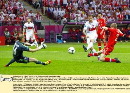 Eugen Polanski of Poland puts the ball into the net only for it to be disallowed..Euro 2012 Group Stage (Group A) match, Poland v Russia at the Warsaw National Stadium, Warsaw, Poland on the 12th June 2012. Pic Jake Badger SPORTIMAGE... EDITORIAL USE ONLY. No use with unauthorised audio, video, data, fixture lists, club league logos or live services. Online in-match use limited to 120 images, no video emulation. No use in betting, games or single club league player publications.
