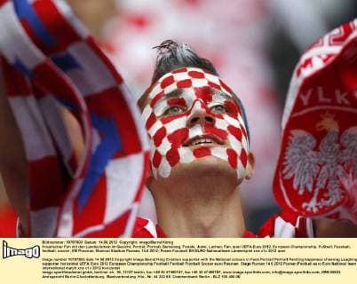 Kroatischer Fan mit den Landesfarben im Gesicht, Porträt, Portrait, Bemalung, Freude, Jubel, Lachen, Fan, quer UEFA-Euro 2012, European Championship, Fußball, Fussball, football, soccer, EM Posznan, Munical Stadium Poznan, 14.6.2012