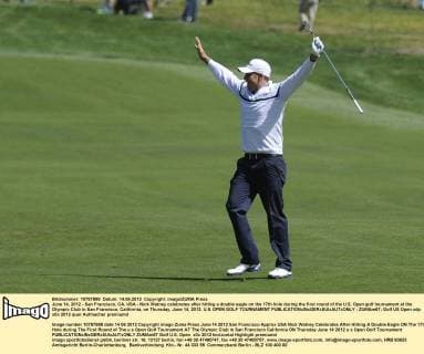 June 14, 2012 - San Francisco, CA, USA - Nick Watney celebrates after hitting a double eagle on the 17th hole during the first round of the U.S. Open golf tournament at the Olympic Club in San Francisco, California, on Thursday, June 14, 2012. U.S. OPEN GOLF TOURNAMENT - ZUMAm67