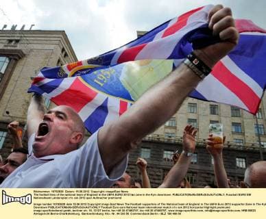 The football fans of the national team of England in the UEFA EURO 2012 fan zone in the Kyiv downtown. 