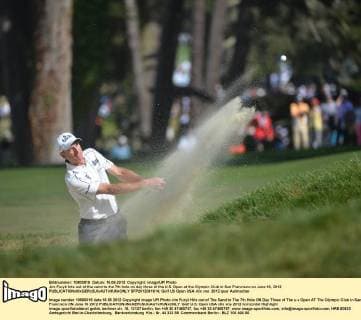 Jim Furyk hits out of the sand to the 7th hole on day three of the U.S. Open at the Olympic Club in San Francisco on June 16, 2012.  SFP2012061614