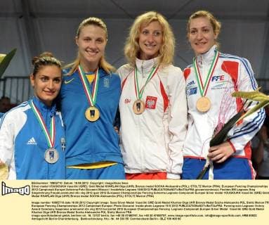 Silver medal VOUGIOUKA Vassiliki (GRE); Gold Medal KHARLAN Olga (UKR), Bronze medal SOCHA Aleksandra (POL); STOLTZ Marion (FRA); European Fencing Championships 2012 Campionati Europei Scherma Foto Giovanni Minozzi Insidefoto Legnano 16 6 2012 giovannixminozzi