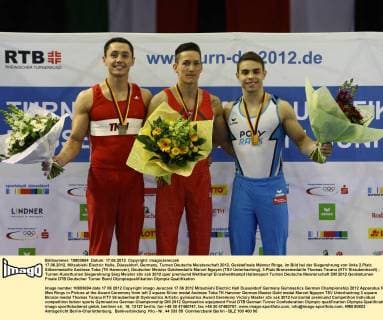 17.06.2012, Mitsubishi Electric Halle, Düsseldorf, Germany, Turnen Deutsche Meisterschaft 2012, Gerätefinale Männer Ringe, im Bild bei der Siegerehrung von links 2.Platz Silbermedaille Andreas Toba (TK Hannover), Deutscher Meister Goldmedaille Marcel Nguyen (TSV Unterhaching), 3.Platz Bronzemedaille Thomas Taranu (KTV Straubenhardt)