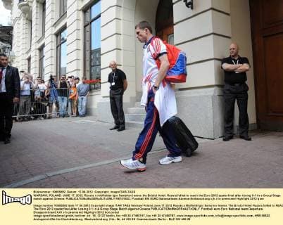 WARSAW, POLAND. JUNE 17, 2012. Russia s midfielder Igor Semshov leaves the Bristol Hotel. Russia failed to reach the Euro 2012 quaterfinal after losing 0-1 in a Group Stage match against Greece.  RE10153C