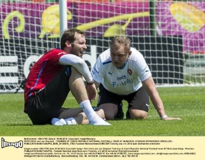 PETR CECH and Jan Stejskal - TRAINING OF CZECH REPUBLIC NATIONAL FOOTBALL TEAM AT MUNICIPAL STADIUM OPOROWSKA WROCLAW -  BOR_20120618_1762