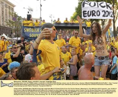 A protest action from the FEMEN women s movement in the UEFA EURO 2012 fan zoneon June 19, 2012 in Kyiv, Ukraine. 