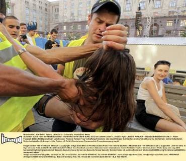 A protest action from the FEMEN women s movement in the UEFA EURO 2012 fan zoneon June 19, 2012 in Kyiv, Ukraine. 
