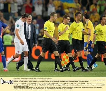 Englands Roy Hogdson celebrates at the final as the officials walk off..Euro 2012 England v Ukraine, Donbass Arena, Donetsk, 19th June 2012. Pic David Klein SPORTIMAGE EDITORIAL USE ONLY. No use with unauthorised audio, video, data, fixture lists, club league logos or live services. Online in-match use limited to 120 images, no video emulation. No use in betting, games or single club league player publications.
