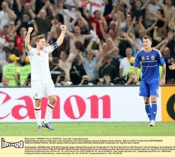 Englands Steven Gerrard celebrates at the final whistle..Euro 2012 England v Ukraine, Donbass Arena, Donetsk, 19th June 2012. Pic David Klein SPORTIMAGE EDITORIAL USE ONLY. No use with unauthorised audio, video, data, fixture lists, club league logos or live services. Online in-match use limited to 120 images, no video emulation. No use in betting, games or single club league player publications.